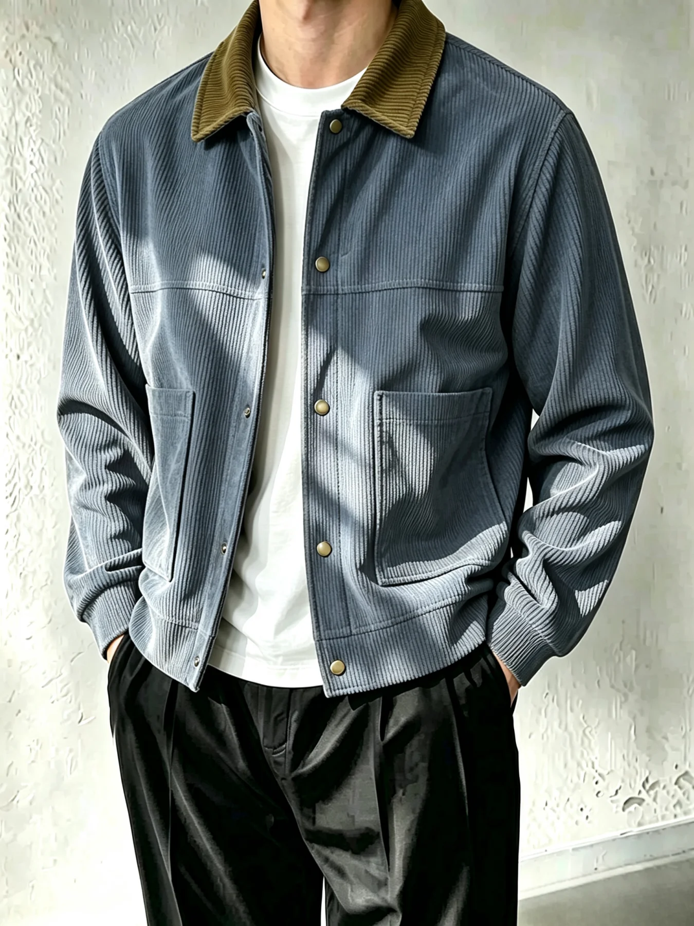 Men Corduroy Jacket Contrast Collar Button Down Chest Pocket Loose Casual Trucker Coat Autumn Outerwear