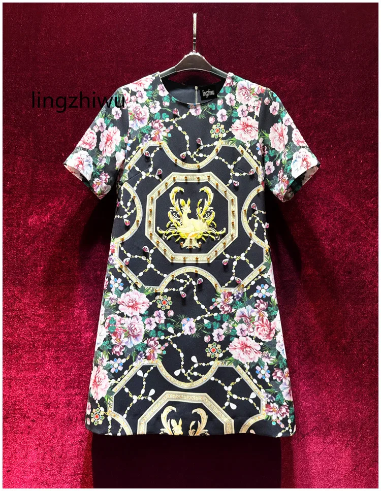 lingzhiwu Print Dress Elegant ;adies Vintage Short Sleeve A-Line Dresses Top Quality Summer 2024 New Arrive