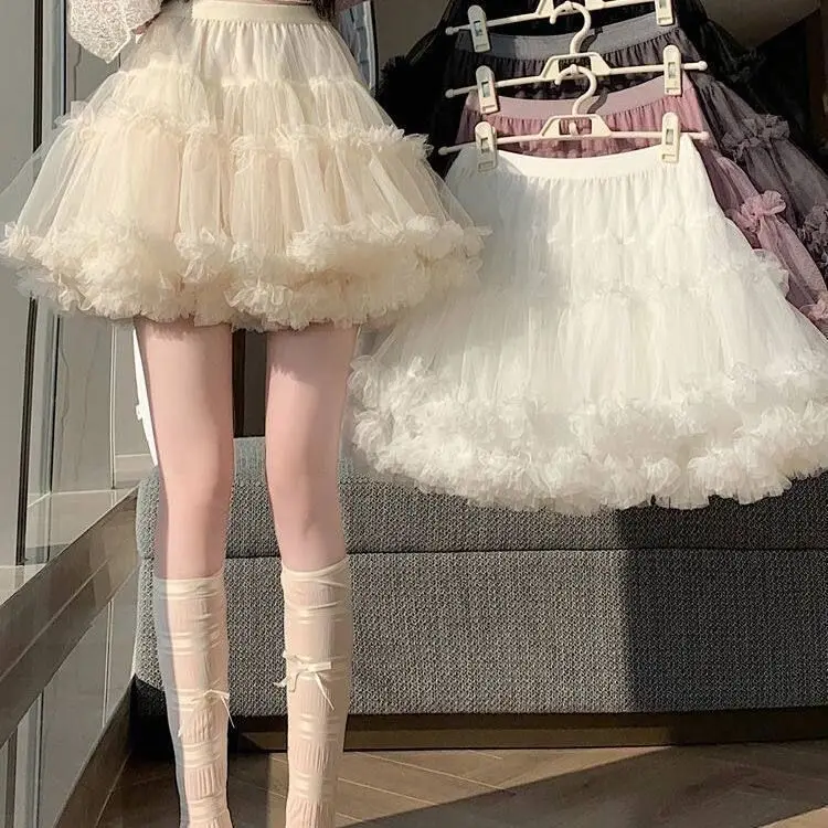 Princess Style Short Skirt Women's Summer New Ballet High Waist Cake Half Skirt Double Layered Mesh Anti-Light Walking