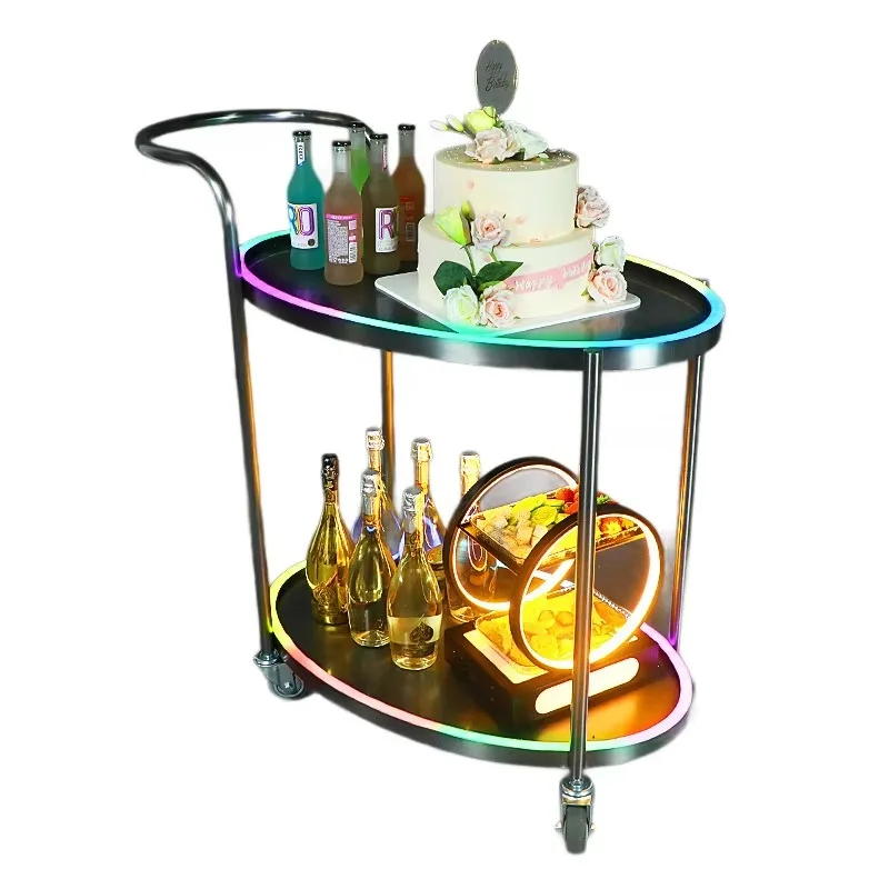 Bar luminous stainless steel two-layer trolley, restaurant dining car, hotel mobile commercial trolley