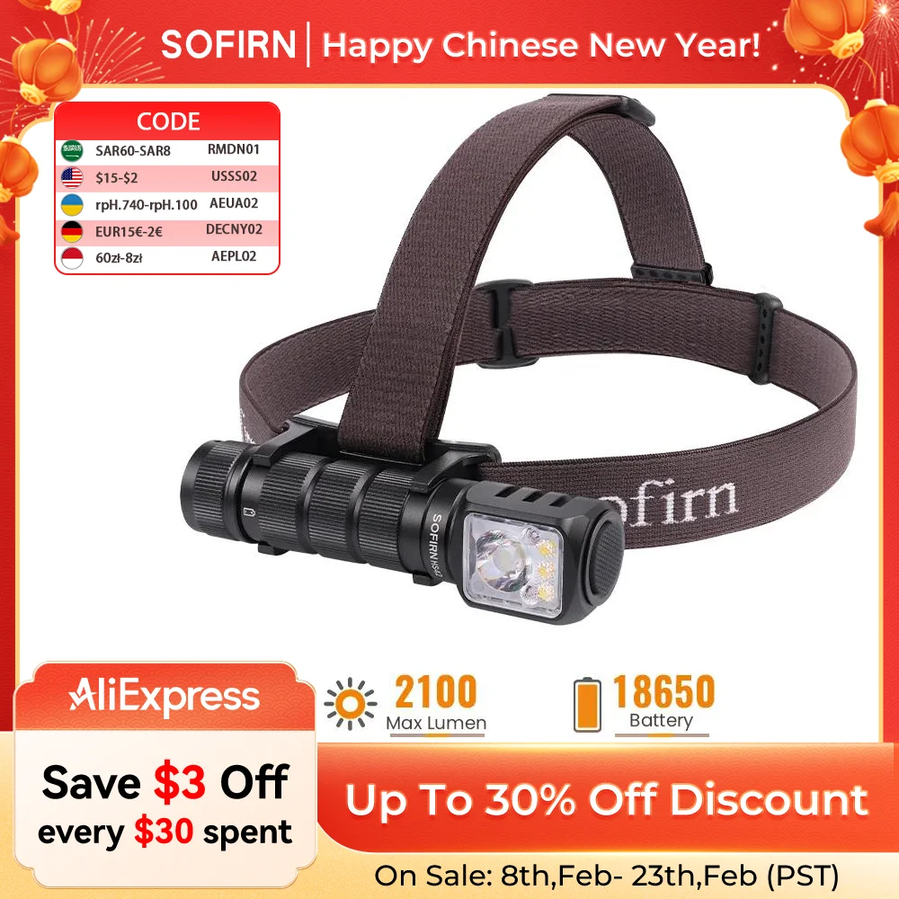 SOFIRN HS42 2100lm 6000K Multi light Sources 3000mah Headlamp SST40 LED Red light Torch USB C Rechargeable