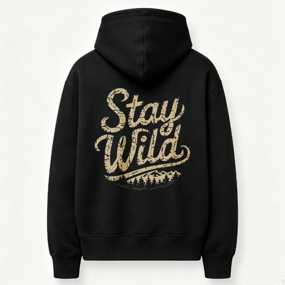 Stay Wild Vintage Lettering Mountain Forest Graphic Hoodie Outdoor Adventure Nature Print Pullover Sweatshirt Hiking Casual Tops