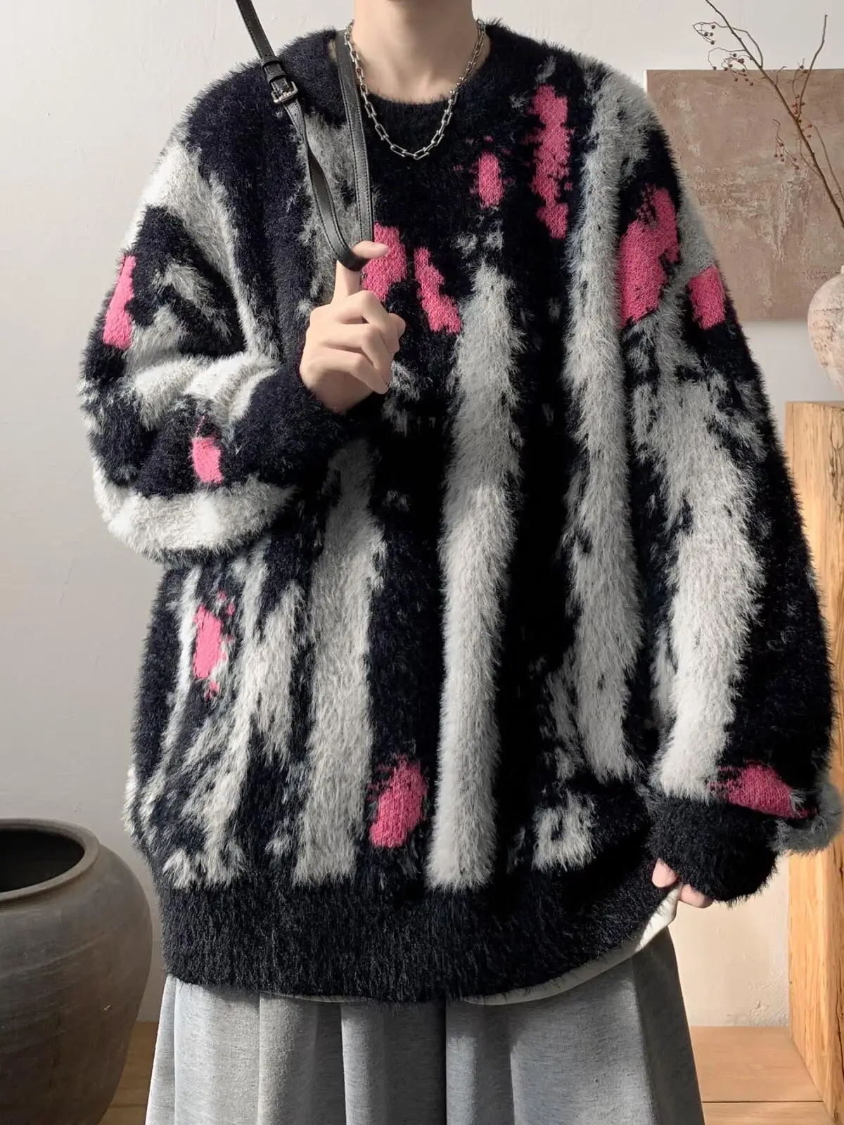 

Мужской свитер свободного кроя с круглым вырезом, тай-дай, вязаный, зимний, утепленный, в стиле кэжуал, для подростков, с полосками, с длинными рукавами