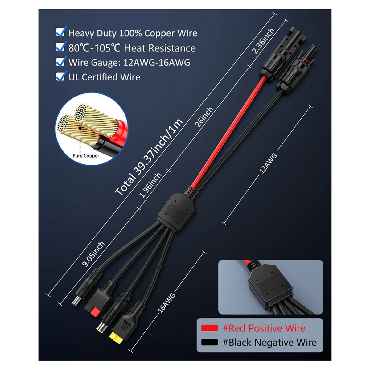 4-In-1 Solar Panel Connector Extension Cable Splitter for Anderson Connector DC Adapter Power Plug XT60 Female Conn