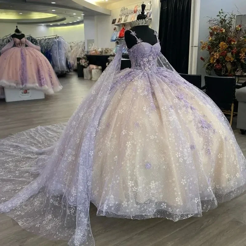 

Lilac Shiny Princess Quinceanera Dress With Cape Applique Beading Corset Sweet 15 16 Dress Vestidos De XV Anos