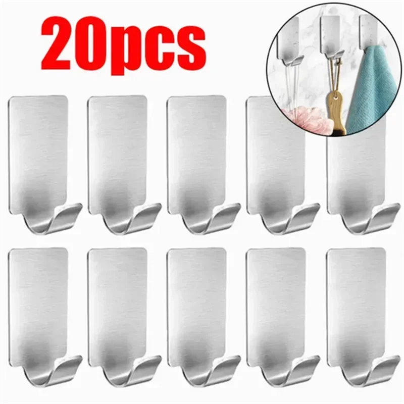 1/20Pcs Small Self Adhesive Hook Stainless Steel Heavy Wall Hanger Hook Bathroom Organizer Towel Rack Multi-purpose Kitchen Hook