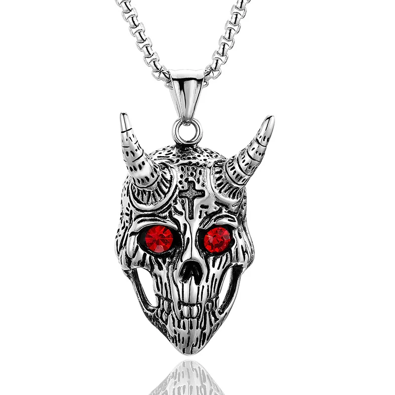 Punk Gothic Stainless Steel Red Stone Eye Cross Pattern Bullhorn Demon Skull Pendants Necklace for Men Jewelry Drop Shipping