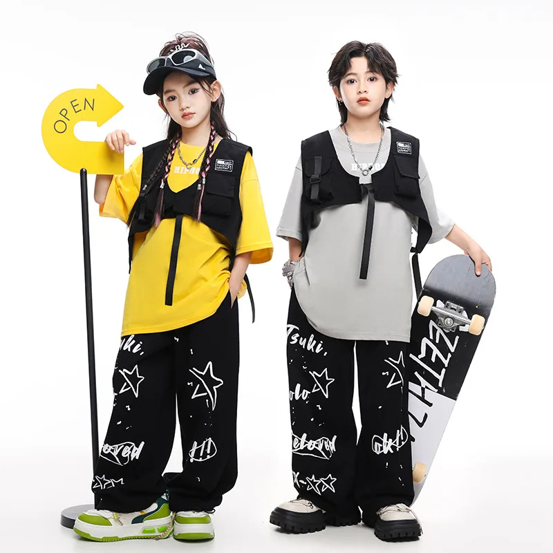 Kids Jazz Dance Clothes Hip Hop Yellow Grey Tops Short Sleeves Summer Street Dance Drum Performance Suit Girls Stage Costumes