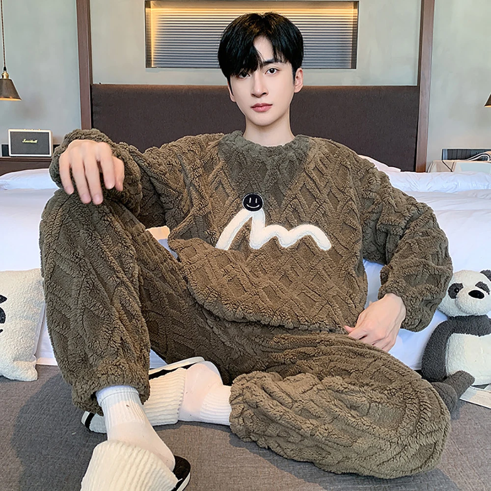 Antistatic Thicken Flannel Men's Winter Sleepwear Cartoon Big Size Pajama Set Double-side Plush Soft Active Dyeing Pyjamas Homme