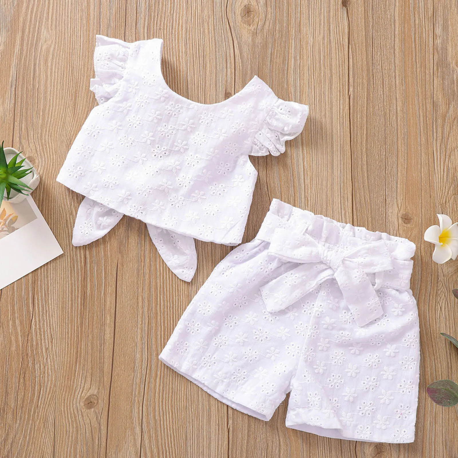 Summer Toddler Girls Outfits Baby Fly Sleeve Backless Solid Lace Tops T Shirt With Bowknot Shorts Two Piece Kids Clothes Sets