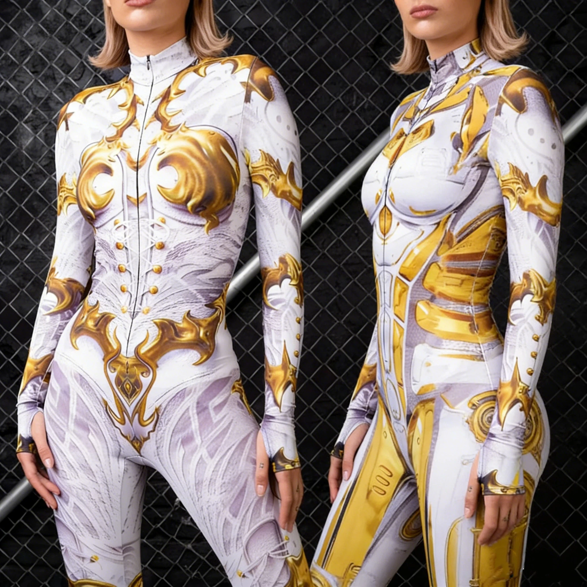 

Women Cosplay Skull Steampunk Costume Elastic Jumpsuit Mechanical Golden Armor Bodysuits Halloween Party Rompers