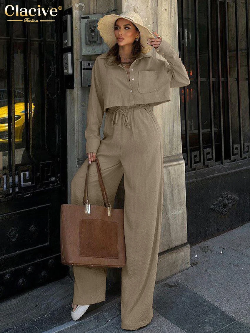 

Clacive Fashion Loose Khaki 2 Piece Sets Woman Outfit 2025 Elegant Long Sleeve Crop Shirt With High Waist Wide Pants Set Female