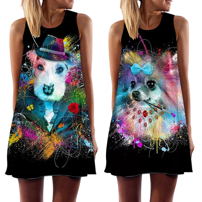 

Cute Dogs Printing Women's Dress Animal Sleeveless Dresses Pet Midi Vest Dress for Female Loose Vestidos Mujer Traf Clothing