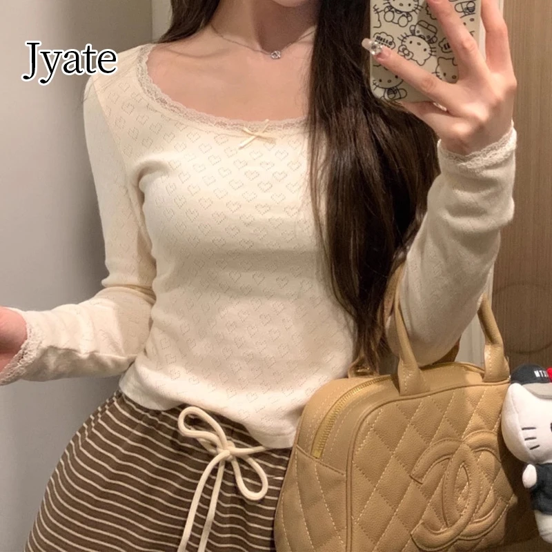 

Jyate 2024 Spring Long Sleeve Women T-shirts O-Neck Hollow Love Casual Simple Bow Lace Trim t shirt Top Women Hot Sweet Slim tee