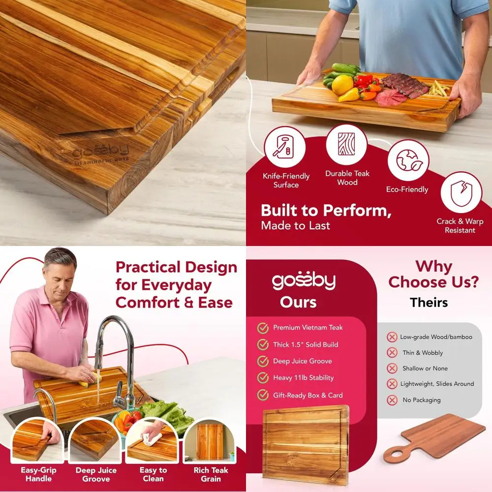 

Handcrafted Teak Cutting Board, 20x15x1.5 - Premium, Balanced Design, Easy Clean, Knife-Friendly for Chefs & Home Cooks