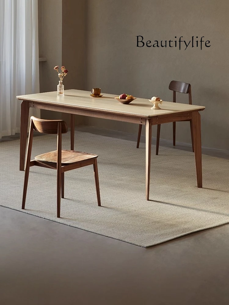 

Travertine rock slab dining table with induction cooker heating integrated household solid wood black walnut table