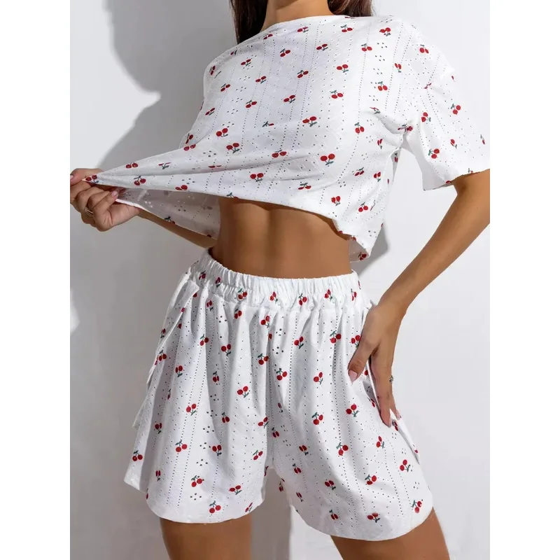 Women's Sleepwear Love Cherry Print Jacquard Summer Casual Sexy Short-sleeved Shorts Pajamas Homewear