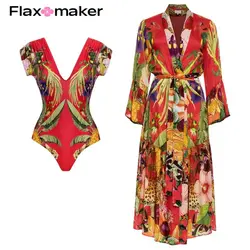 Flaxmaker 2024 Animal Pattern Printed One Piece Swimsuit Swimwear and Cardigan Cover up Flaxmaker Clearance Wholesale