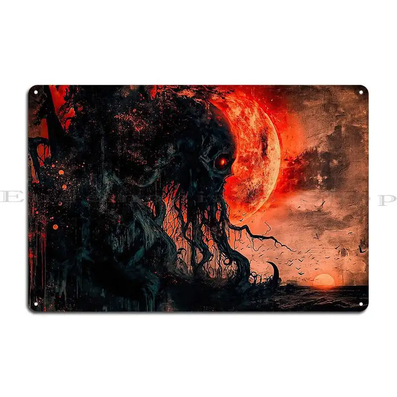 Cthulhu At Sunset With Blood Moon Space Metal Sign Funny Wall Cave Living Room Garage Character Tin Sign Poster