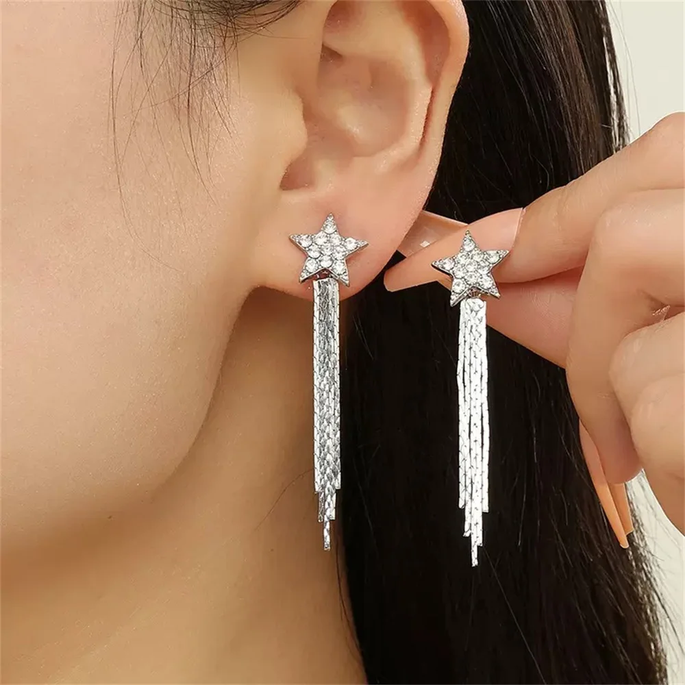 

Exquisite Metal Tassel Chain CZ Pentagram Women's Earrings With Cubic Zirconia Fashion Luxury Ear Stud Jewelry Accessories
