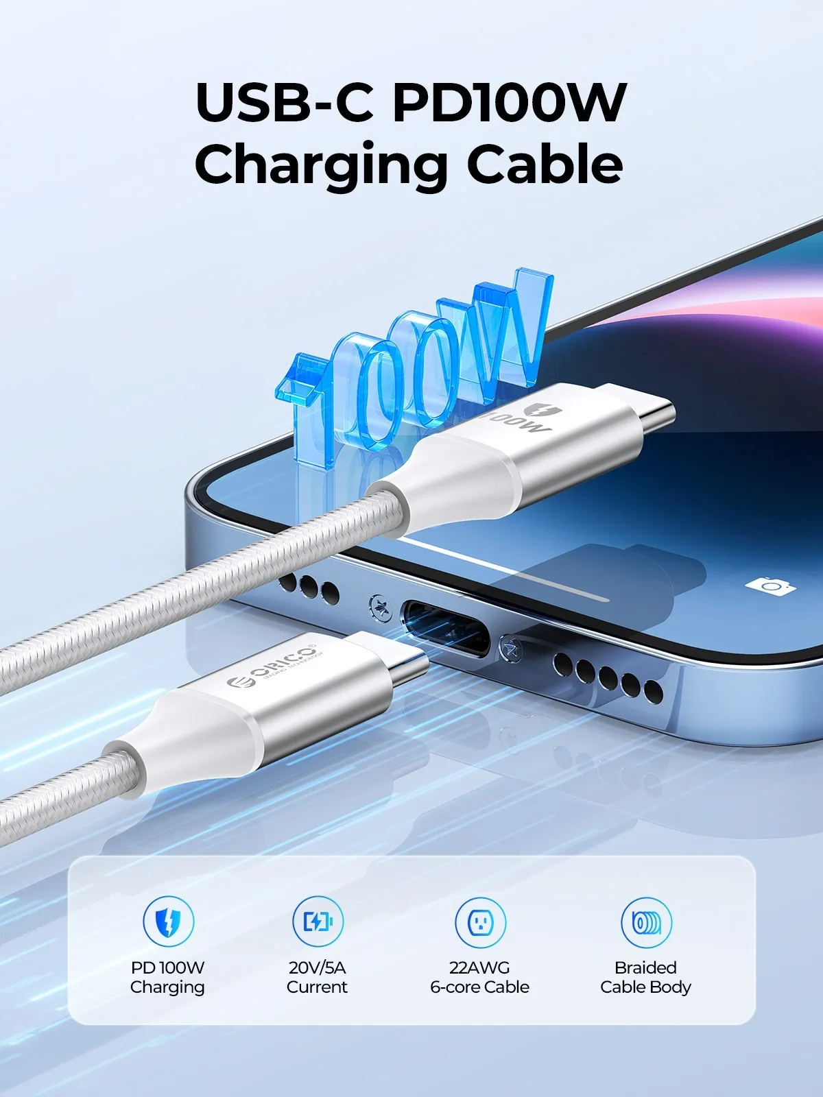 ORICO 100W USB C Cable Fast Charging Type C to USB C 20V5A Woven Design with Strip for iPhone15 Pro Max Huawei Mate 60 Xiaomi