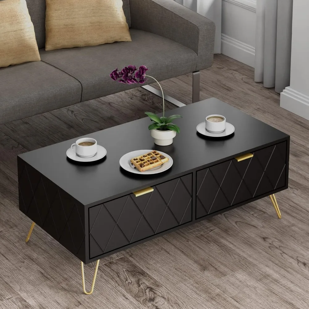 Table basse de 39,4 pouces avec grands tiroirs et 2 étagères de rangement ouvertes, tables basses modernes noires avec poignées en métal doré pour le salon