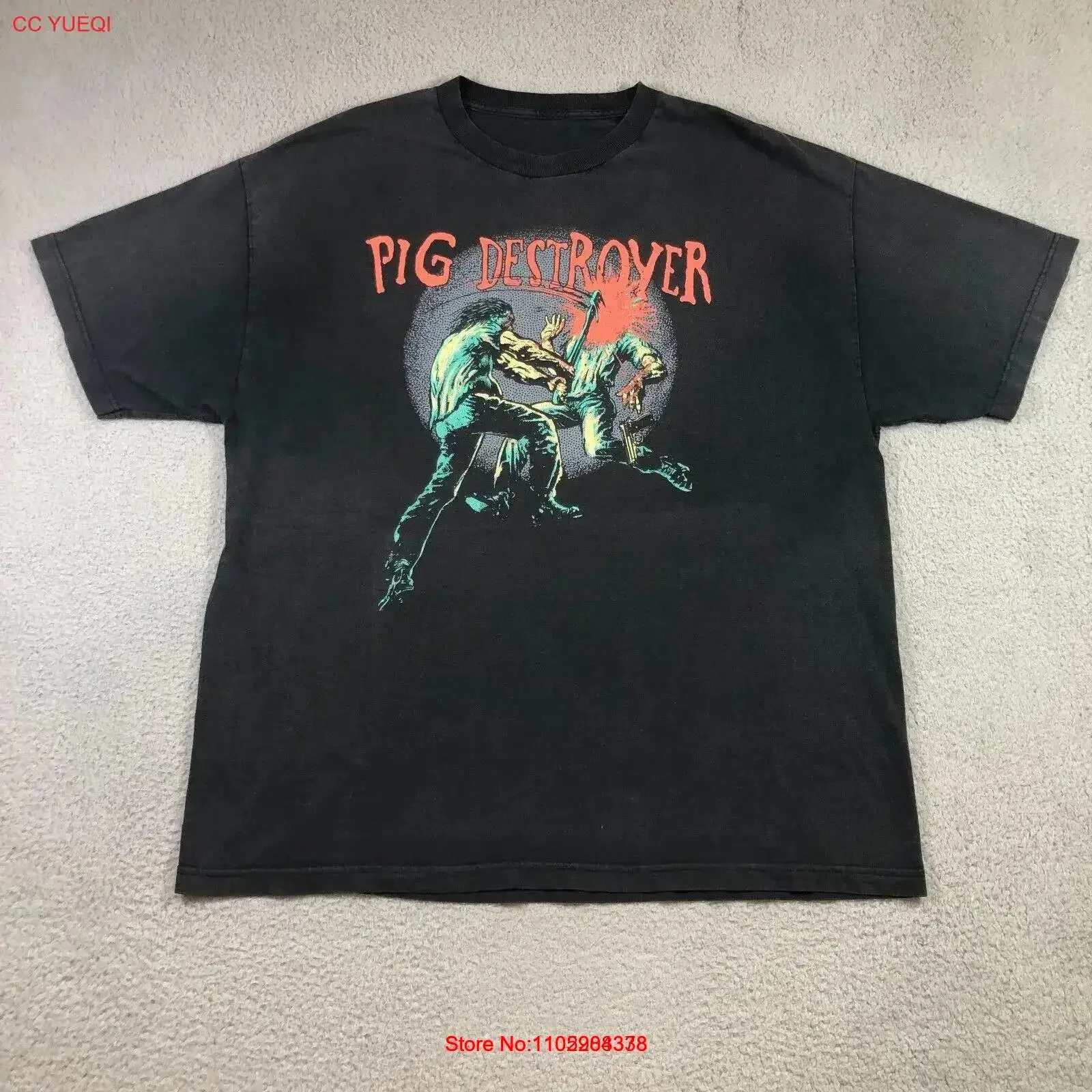 تي شيرت رجالي مدمرة الخنزير 2XL أسود جرافيك طباعة فرقة الروك تي شيرت Grindcore 1997 عتيق مغسول ممتد متعدد الاستخدامات مريح #1