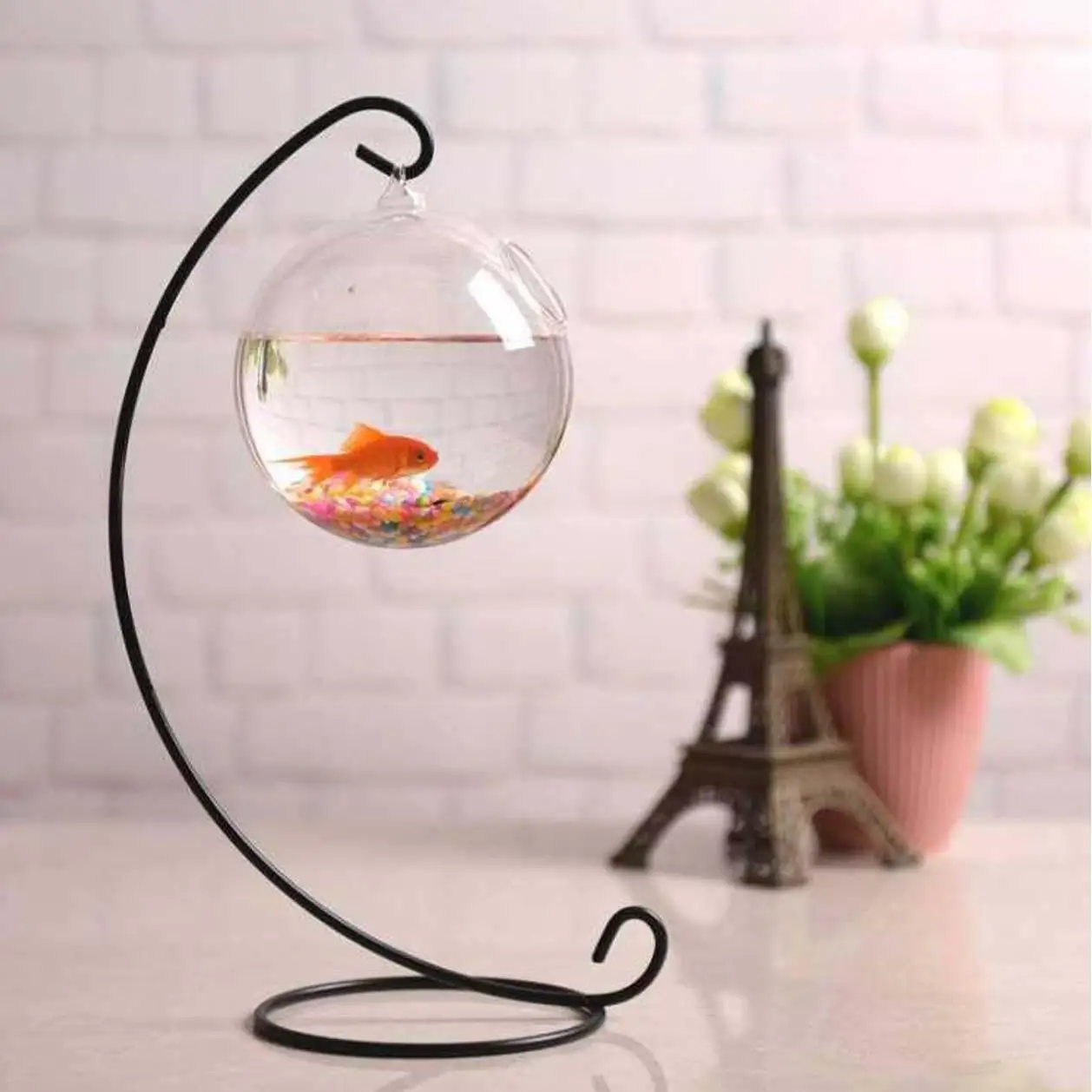 

Round Shape Hanging Glass Aquarium Fish Tank Fish Bowl Transparent Vase Ornament With Rack Holder Home Decoration