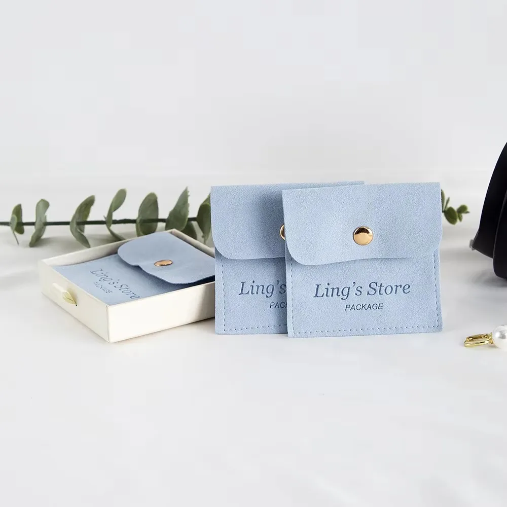 

100Pcs 8x8cm Personalized Logo Baby Blue Microfiber Snap Bag Suede Envelope Button Pouches Suede Pockets Jewelry Gift Organizer
