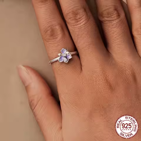 BAMOER 925 Sterling Silver Inlaid Zirconia Iris Flower Open Ring Plated Gold, Exquisite Sweet Wedding Party Jewelry for Women