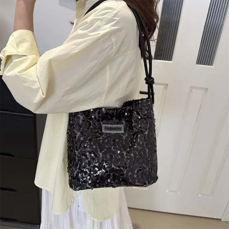 Shiny Sequins Underarm Shoulder Bag for Women PU Leather Bling Small Bucket Messenger Bag Fashion Designer Shopping Handbags