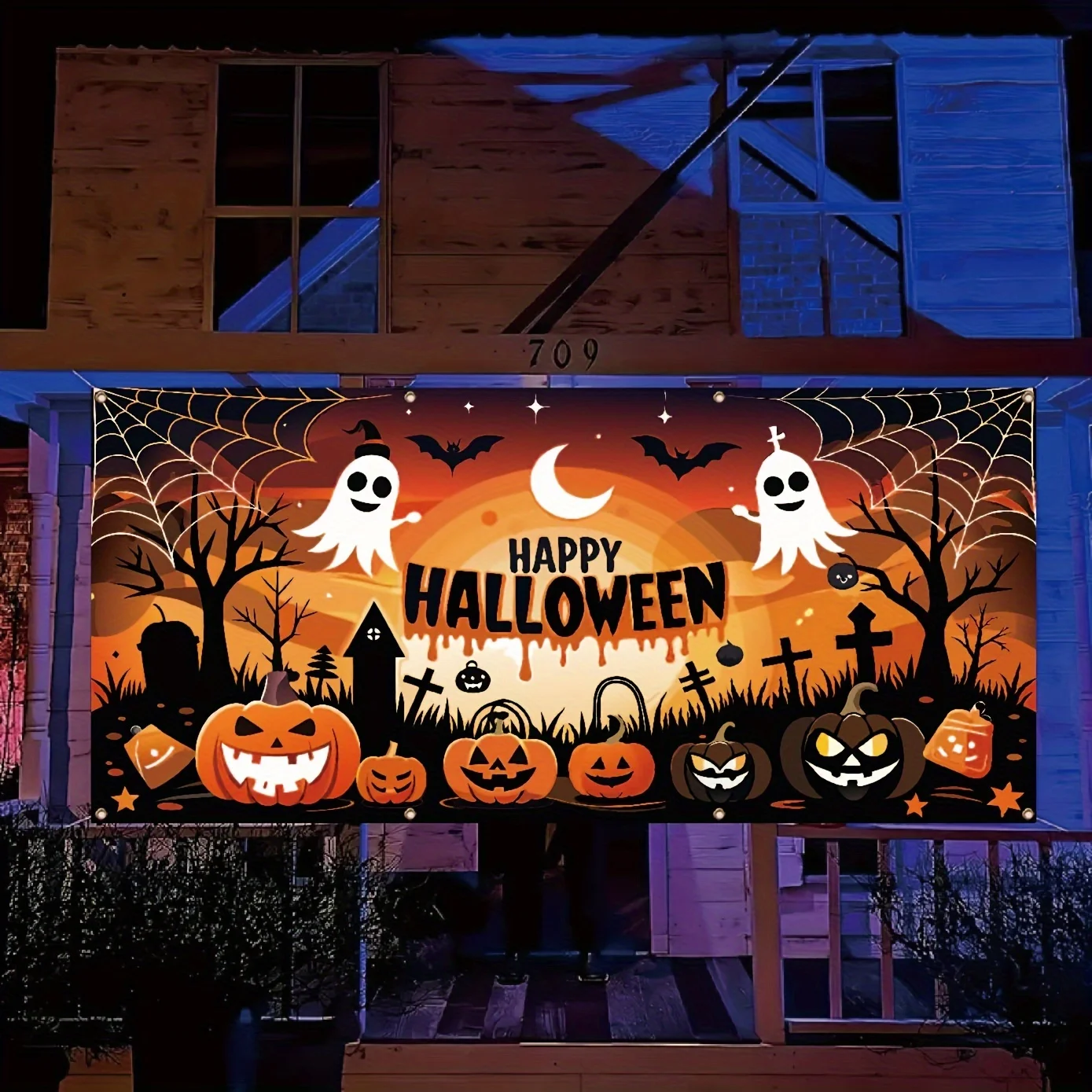 Halloween-Garagenbanner-Dekoration – Polyester Ghost Tomb Full Moon Pumpkin Ghost Photo Booth Requisiten, Festival-Dekoration