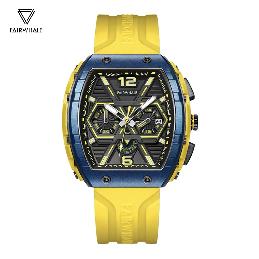 Imagem -02 - Moda Masculina Relógios 2023 Marcas de Luxo Mark Fairwhal Tonneau Relógio Esportes Amarelo Pulseira Silicone à Prova Impermeável Água Quartzo Homem Relógio Pulso