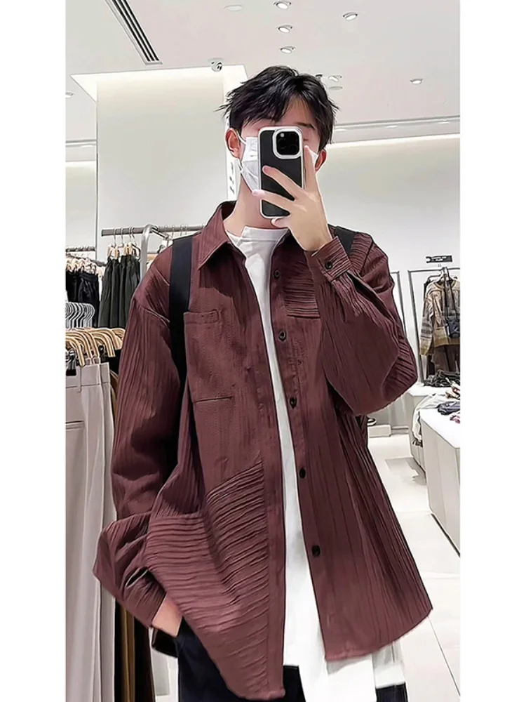 

Ankole Red Long Sleeve Men's Shirt Spring Autumn Stripe Texture Premium Feeling American Retro Jacket Button up Casual Shirt