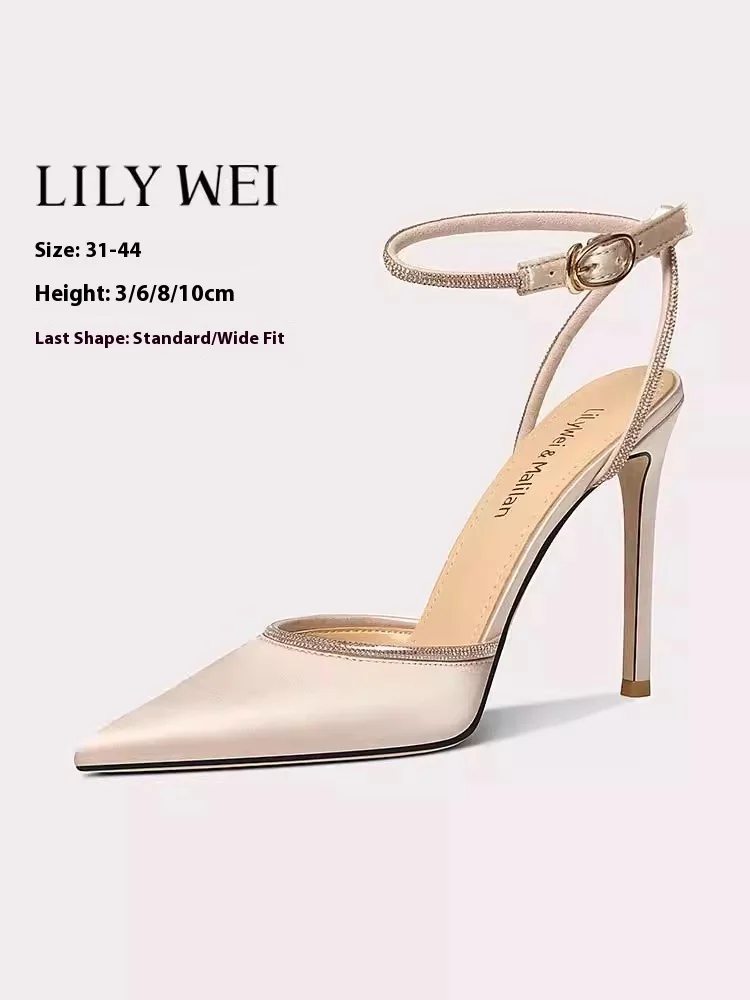 

Босоножки на тонком высоком каблуке на низком каблуке, летние остроконечные женские туфли цвета шампанского, розового шелкового пояса со стразами, большие размеры, маленькие размеры