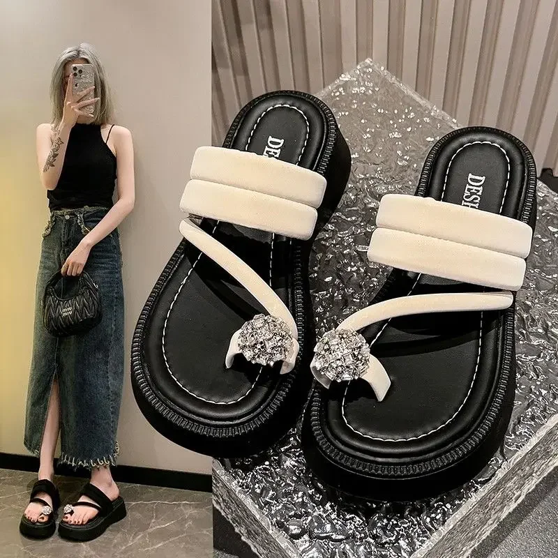 Shoes for Women 2024 Platform Summer Jewels Woman Slippers Green Sandals Crystals Slides Flip Flops Rhenstone Sexy Thick F Sale