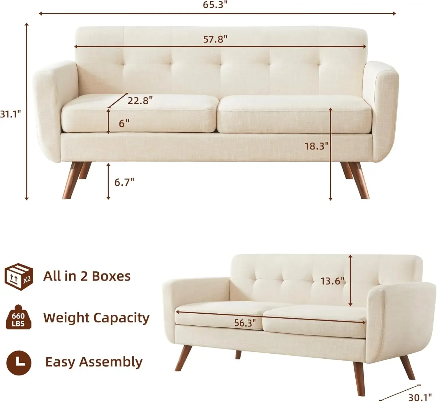 Modern Decor Love Seat Couches for Living Room, Button Tufted Upholstered Small Couch for Bedroom, Solid and Easy to Install