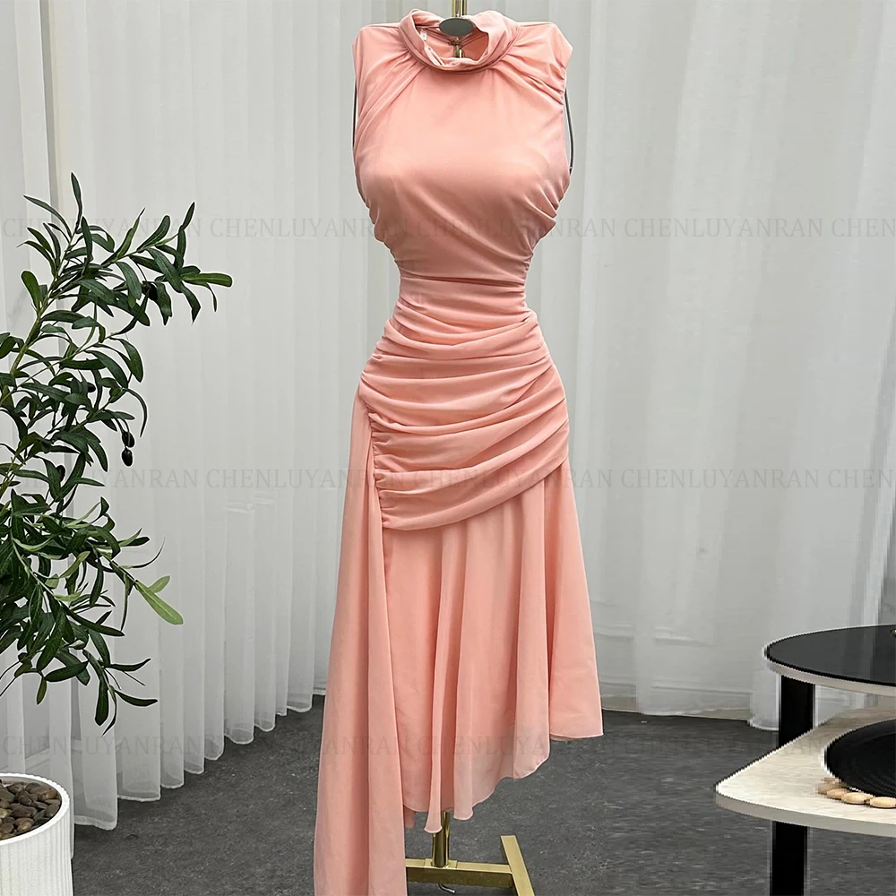 MOLISA Rosa Ballkleider 2025, maßgeschneidert, Meerjungfrau, Stehkragen, ärmellos, plissiert, schlicht, kurz, Party-Abendkleider