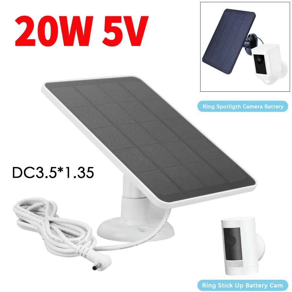 Panel solar de 20W para cámara con foco de anillo/cámara adhesiva con anillo DC3.5x1.35-port 360 ° Panel solar de montaje en pared ajustable