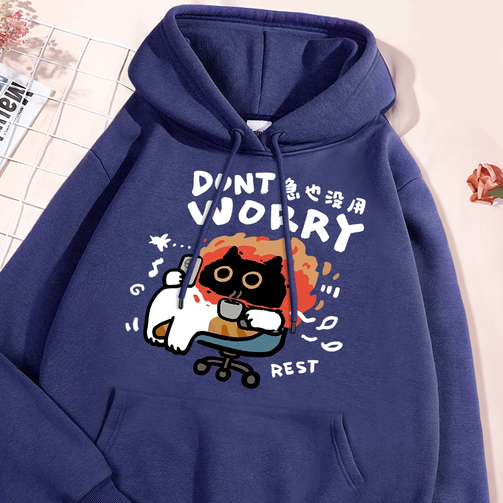 Dont Worry Fun Cat Hoodies Men Women Fashion Harajuku Style Hoody Loose Fleece Clothing Oversize Pullover Sweatshirt Couple