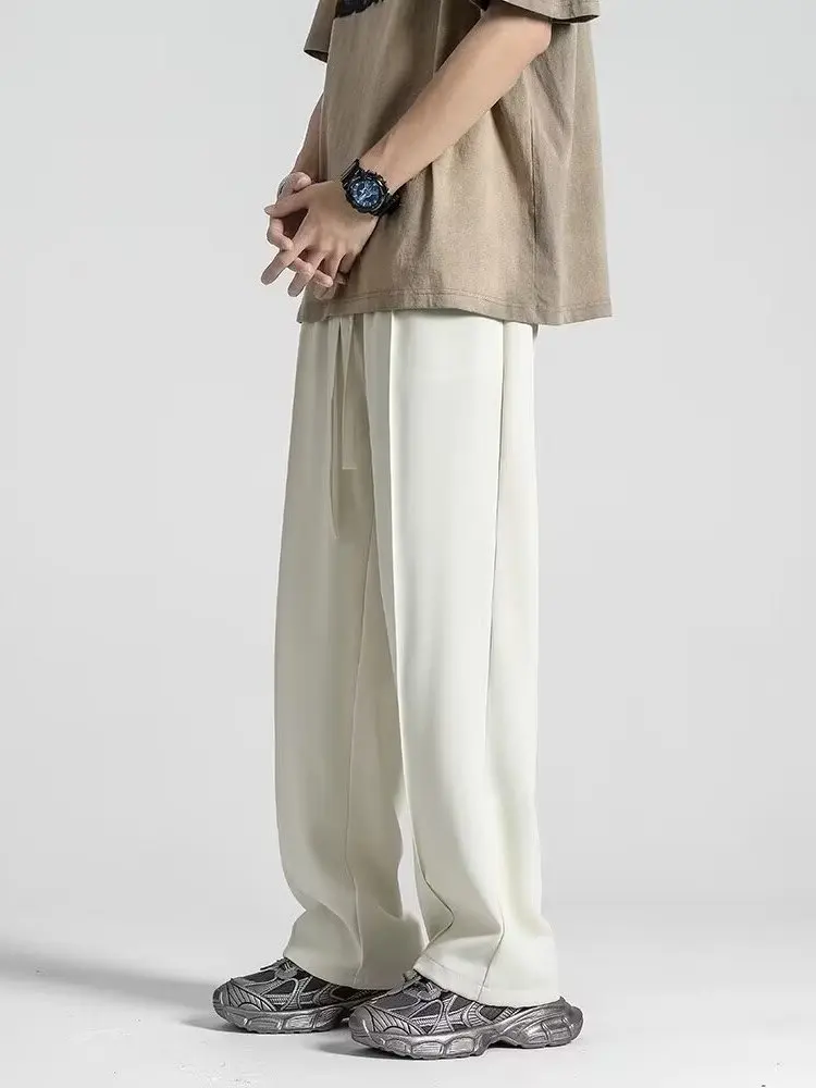 بنطلون رجالي من الحرير الجليدي على الطراز الأمريكي للربيع والصيف رقيق ومستقيم وفضفاض مقاس كبير بنطلون طويل غير رسمي من ألياف ...