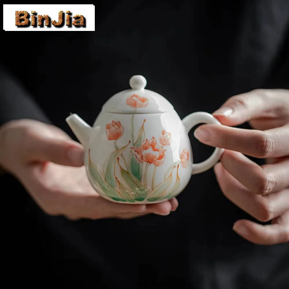 Tetera de tulipán pintada a mano de 140ml, tetera de porcelana blanca para el hogar, tetera tradicional de huevo de dragón para remojo de té, colección de artículos artesanales