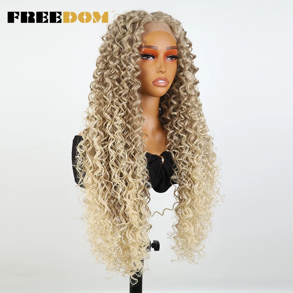 FREEDOM Curly Synthetic Lace Front Wigs For Women Ombre Brown Blonde Lace Wig BIO Hair 22 26 30 inch Curly Hair Cosplay Wigs