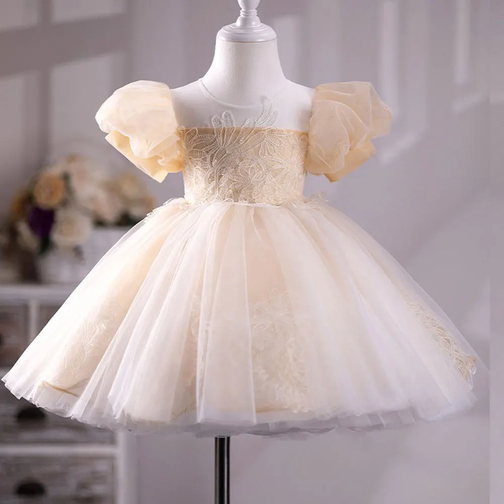 Dreamy Vow Elegant Girl Dress Puff Sleeved Tulle Embroidered Ruffled Toddler Celebration Party Spring Knee Length Ball Gown J233