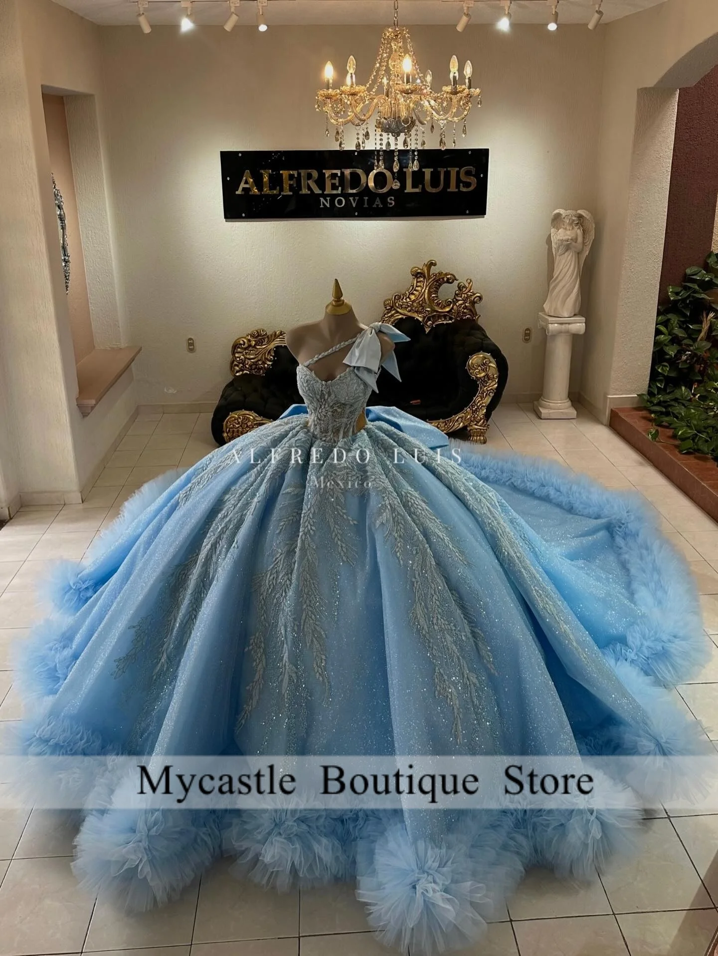 

Sky Blue Bow Applique Quinceanera Dress Ball Gown 2026 Ruffles One Shoulder Corset Sweet 16 Dress Birthday Party Gown Customized