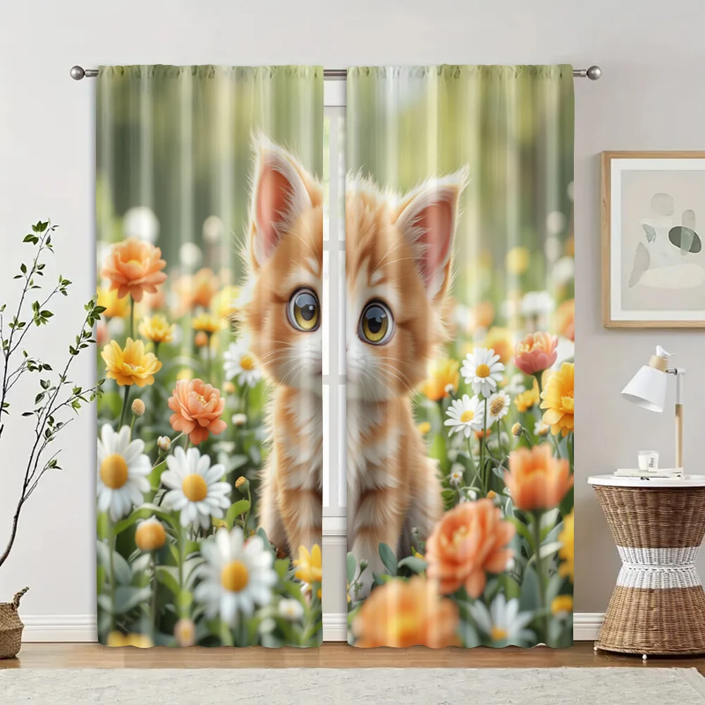 2pcs, Window Curtain Adorable Tabby Kitten Fabric (without rod) Gifts for Living Room, Bedroom, Restaurant, Office, and More