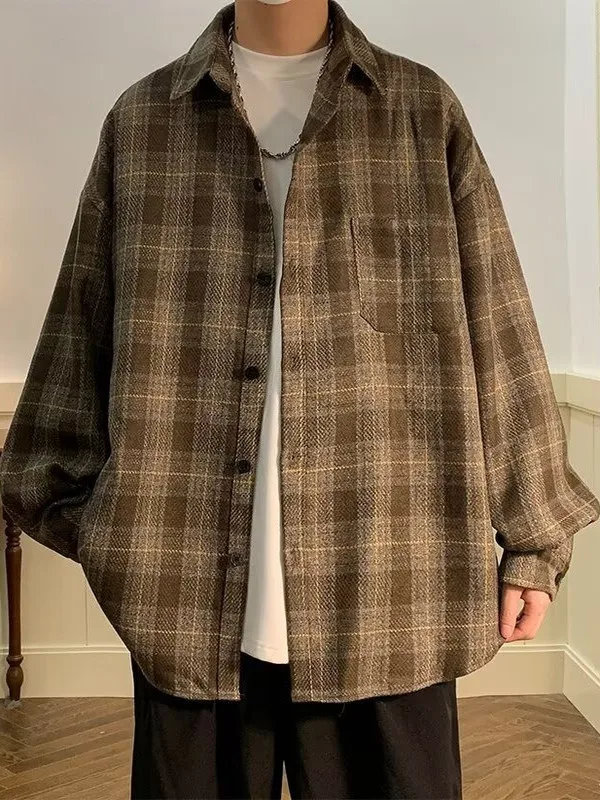 

Классические мужские клетчатые кроссовки весна-осень в американском стиле ретро Гонконг Sle Chic большого размера с воротником irt повседневные свободные длинные S...