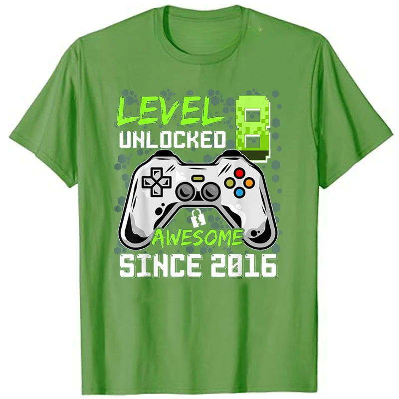 Gift Video Game Lover Graphic Outfit Life Style Gamer Tee Shirts Level 8 Unlocked Awesome Since 2016 8th Birthday Gaming T-Shirt