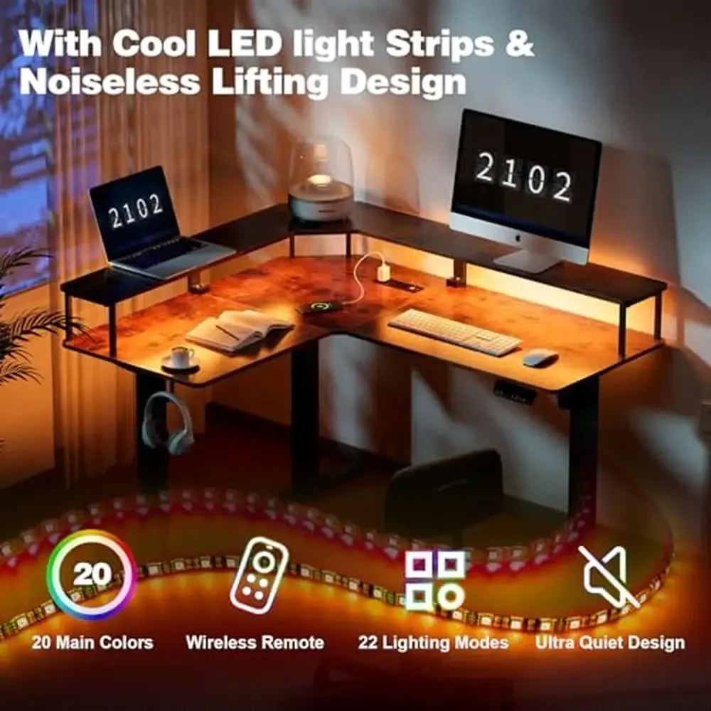 Electric Standing Desk Adjustable Height Sit Stand Desk LED Light Power Outlet 55