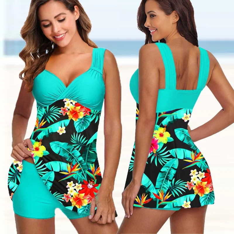 Swimsuits Swimwear Women Flower Print Summer Large Bathing Suits Tankini Beachwear Sexy Bikini Swimdress